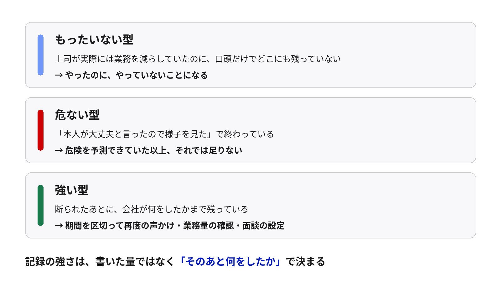 記録の3つの型の図解。もったいない型、危ない型、強い型があり、記録の強さはそのあと何をしたかで決まる